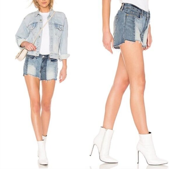 BlankNYC Essex Jean Shorts 27 NWT Midtown Madness Denim Paneled Patchwork Frayed - Picture 1 of 9